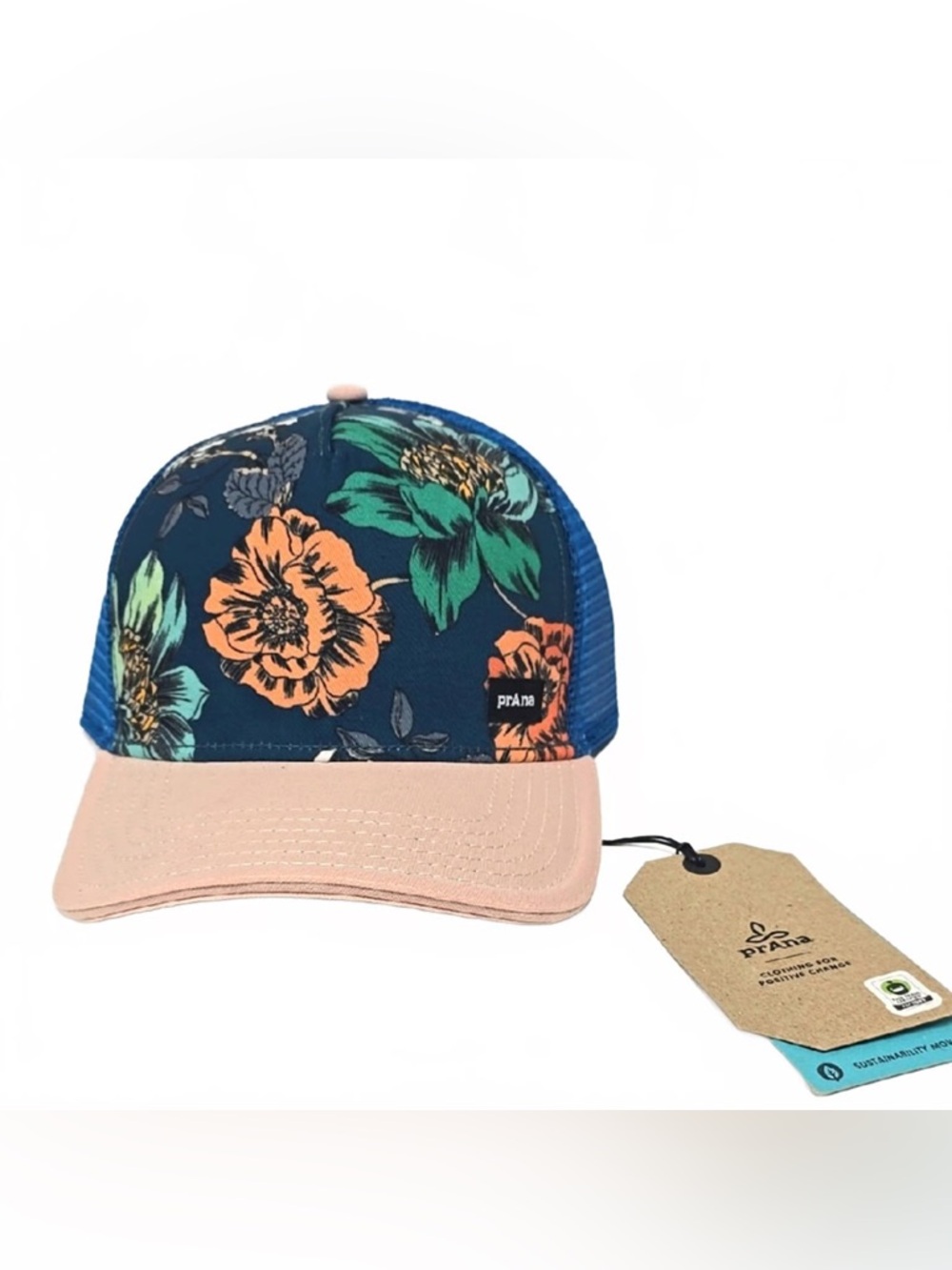 New with tags: Prana Navy Floral Trucker Hat with Baby Pink / Blush Bill